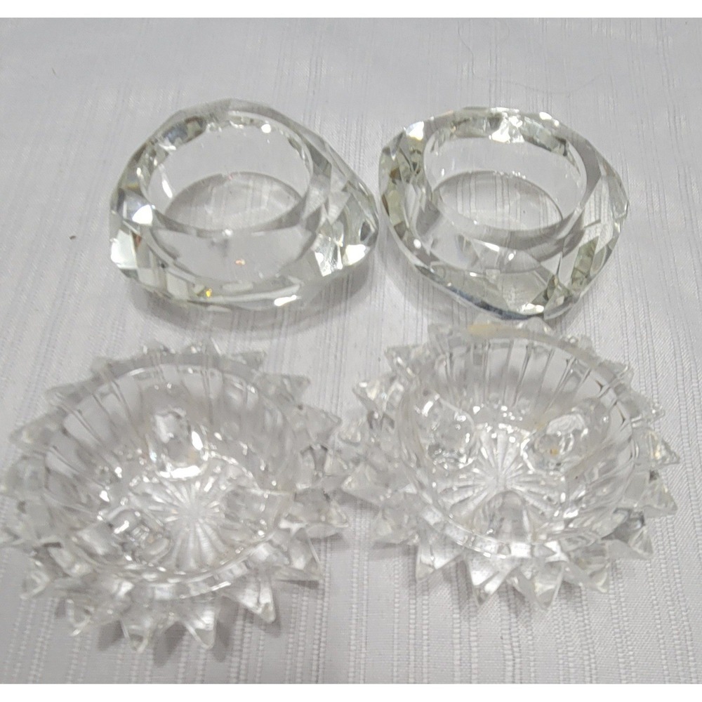 Vintage Cut Glass Candle Holders 2 Sets Faceted Geometric & Sunburst Votive 4pc